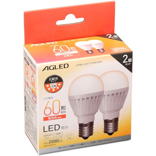 IRIS 522225 LED電球 E17 広配光 60形相当 電球色 2個セット(20000時間)【LDA6L-G-E17-6T6-E2P】