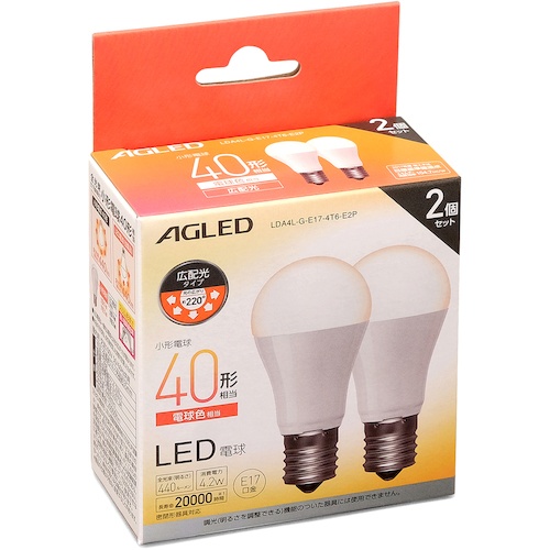 IRIS 522223 LED電球 E17 広配光 40形相当 電球色 2個セット(20000時間)【LDA4L-G-E17-4T6-E2P】