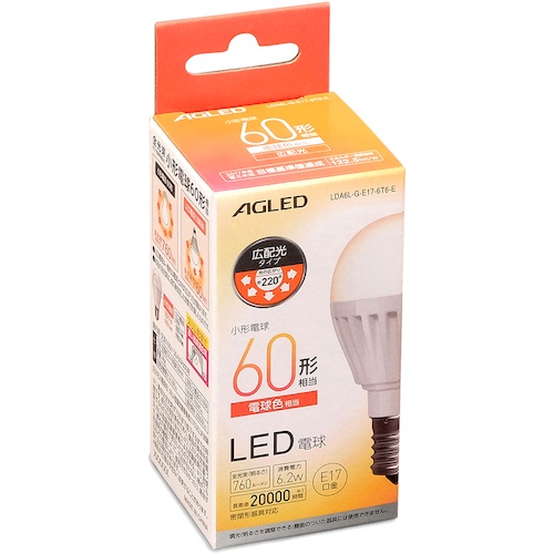 IRIS 522218 LED電球 E17 広配光 60形相当 電球色(20000時間)【LDA6L-G-E17-6T6-E】