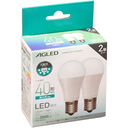 IRIS 522219 LED電球 E17 広配光 40形相当 昼白色 2個セット(20000時間)【LDA4N-G-E17-4T6-E2P】