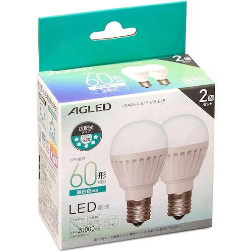 IRIS 522224 LED電球 E17 広配光 60形相当 昼白色 2個セット(20000時間)【LDA6N-G-E17-6T6-E2P】