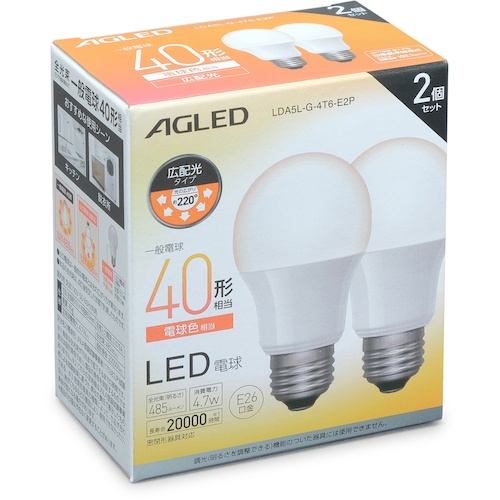 IRIS 572310 LED電球 E26 広配光 40形相当 電球色 2個セット(20000時間)【LDA5L-G-4T6-E2P】