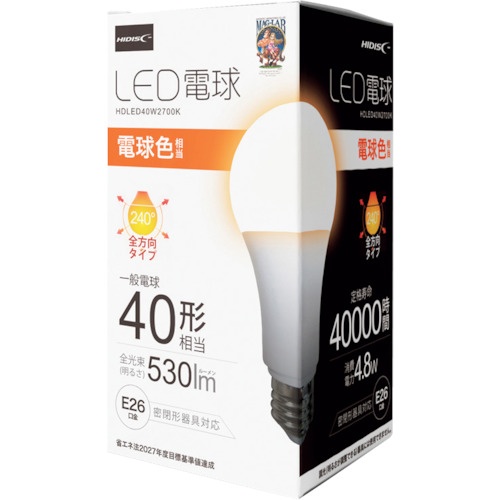 ハイディスク LED電球(一般電球40形相当)電球色【HDLED40W2700K】