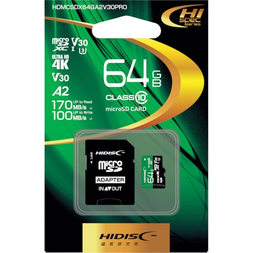 ハイディスク 超高速R170シリーズmicroSDXCカード 64GB【HDMCSDX64GA2V30PRO】