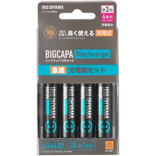 IRIS 578040 ビックキャパ リチャージ 急速充電器セット 単3型4個付【BCR-SQC3MH/4S】