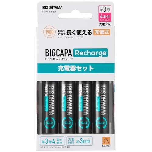 IRIS 578041 ビックキャパ リチャージ 充電器セット 単3型4個付【BCR-SC3MH/4S】