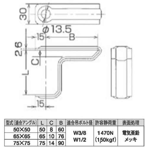 吊り金具 [適合アングル65×65] (L型アングル) (L)65×(B)76mm【10177073】