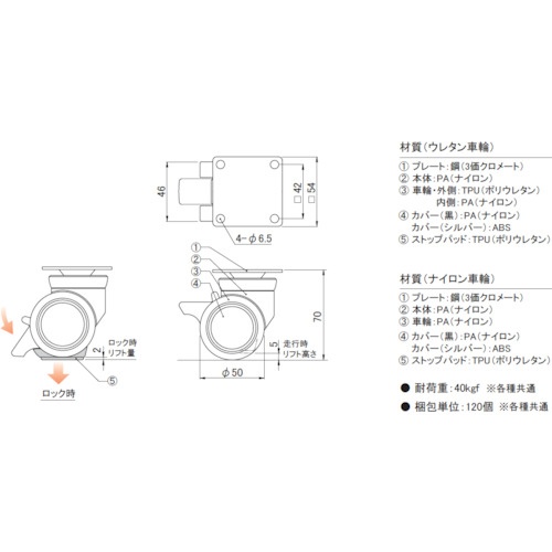 プラパート リフトロックキャスター ナイロン車 φ50 プレート シルバー 高さ調整可【K100-50-PS】