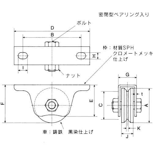 ヤボシ フジキング重量戸車 V型 50mm 枠付【K50V】