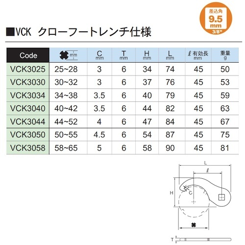 ASH 引掛タイプクローフートレンチ□9.5×Φ58～65mm【VCK3058】
