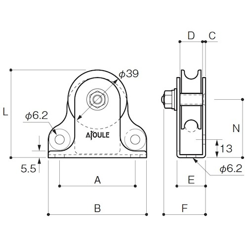 ふじわら 滑車 固定ブロック タテ型、ヨコ型兼用タイプ1車39mm【K39-1】