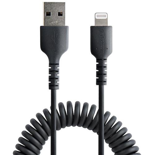 Lightningケーブル/USB-A/1m/高耐久/コイル型/ブラック/iPhone ライトニング カールコード【RUSB2ALT1MBC】