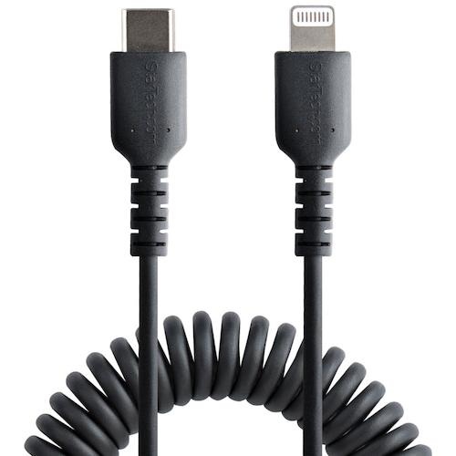 Lightningケーブル/USB-C/50cm/高耐久/コイル型/ブラック/iPhone ライトニング カールコード【RUSB2CLT50CMBC】