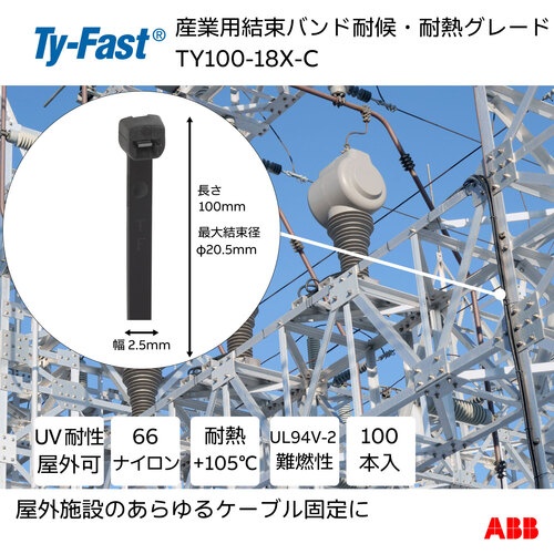 Ty-Fast(タイファスト)産業用ケーブルタイ(結束バンド) 耐候・耐熱グレード(黒色)(小袋)幅2.5X長さ100mm 100本入り【TY100-18X-C】