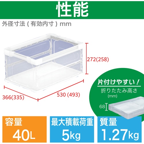 TRUSCO オリコン 薄型軽量折りたたみコンテナ40L 透明【TRLS40TM】