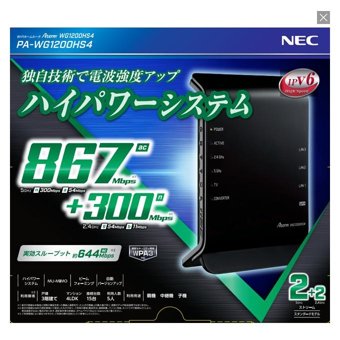 無線LANルーター【PA-WG1200HS4】