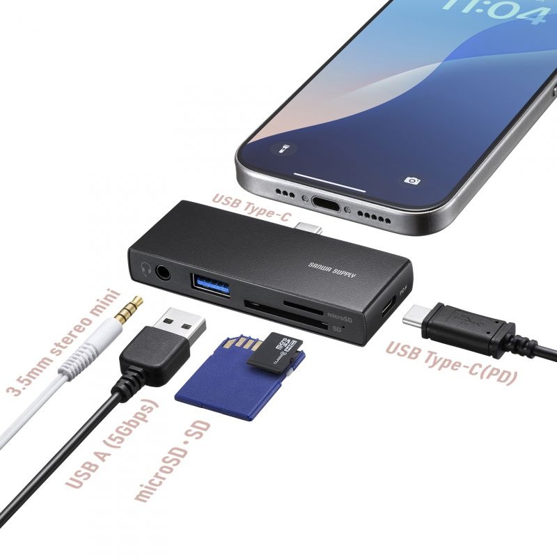 USB 5Gbps Type-C カードリーダー(USB 2ポート搭載)【ADR-5TCSDP3BK】