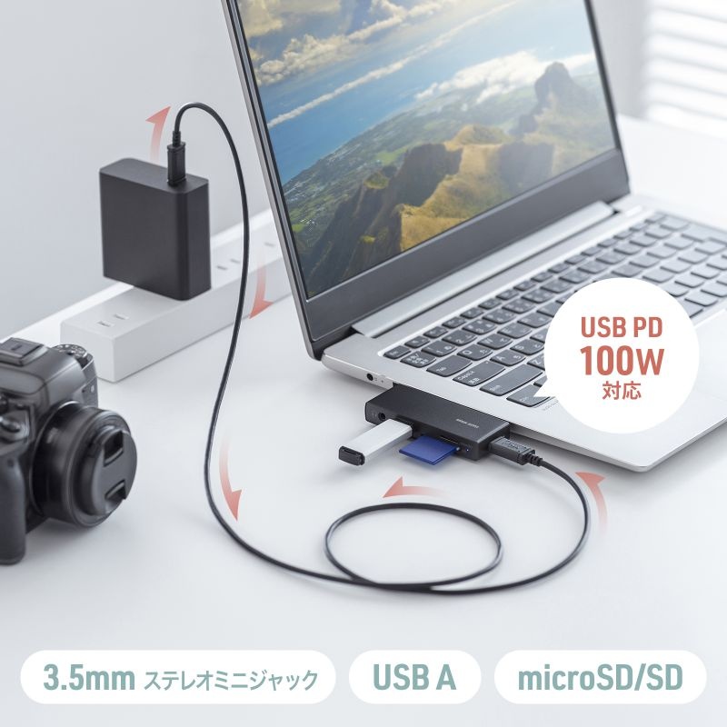 USB 5Gbps Type-C カードリーダー(USB 2ポート搭載)【ADR-5TCSDP3BK】