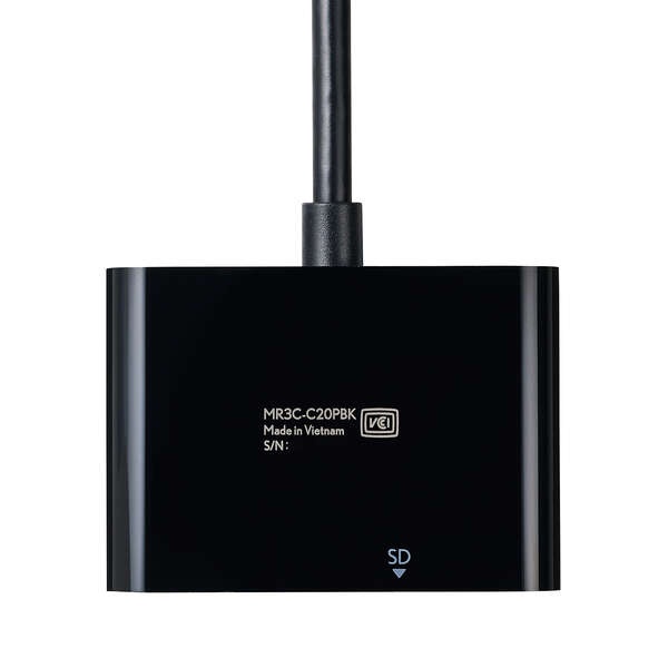 メモリリーダ/USB Type-Cコネクタ/USB 5Gbps/SD+microSD用/Power Delivery対応/最大入力100W/ケーブル長12cm/ブラック【MR3C-C20PBK】