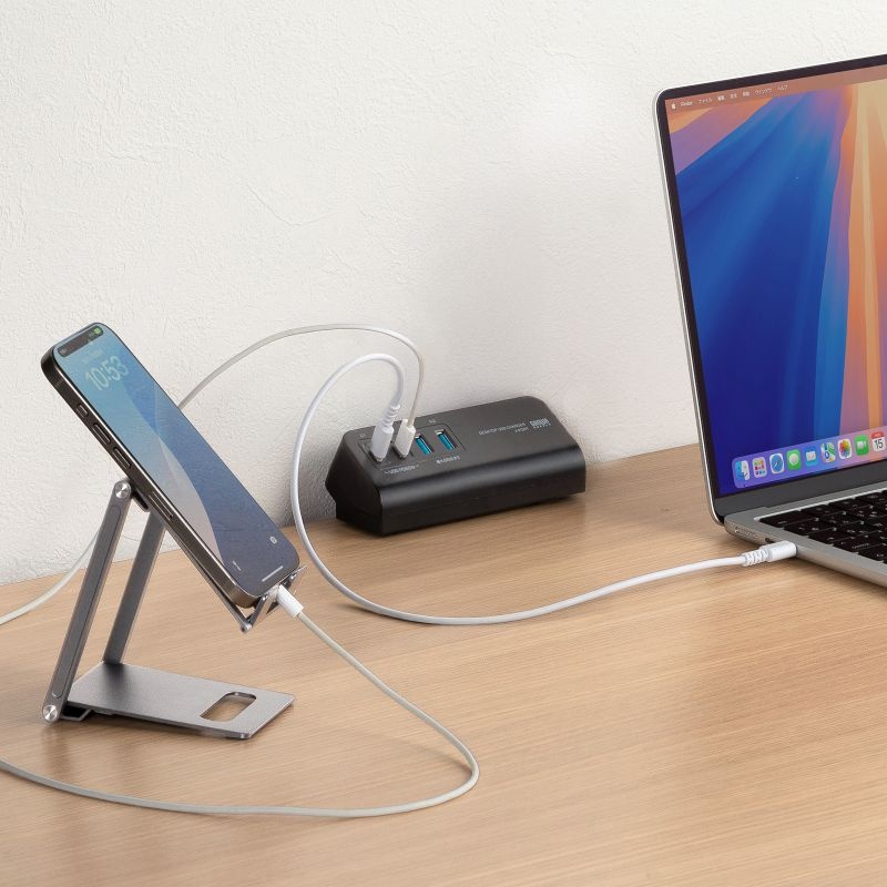 USB PD対応クランプ式AC充電器(PD65W・C×2＋A×2・ブラック)【ACA-PD106BK】