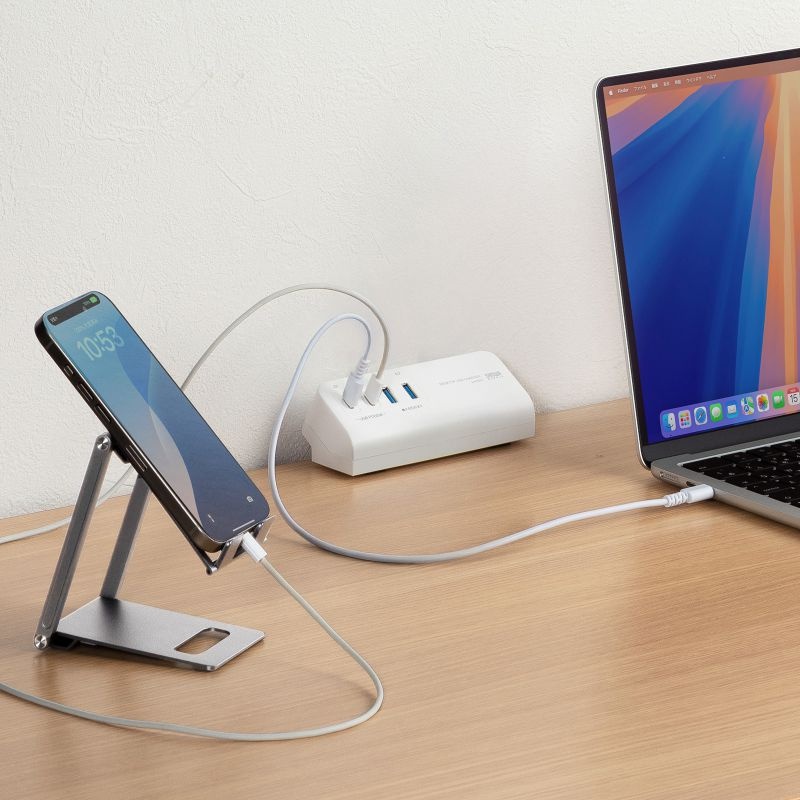 USB PD対応クランプ式AC充電器(PD65W・C×2＋A×2・ホワイト)【ACA-PD106W】