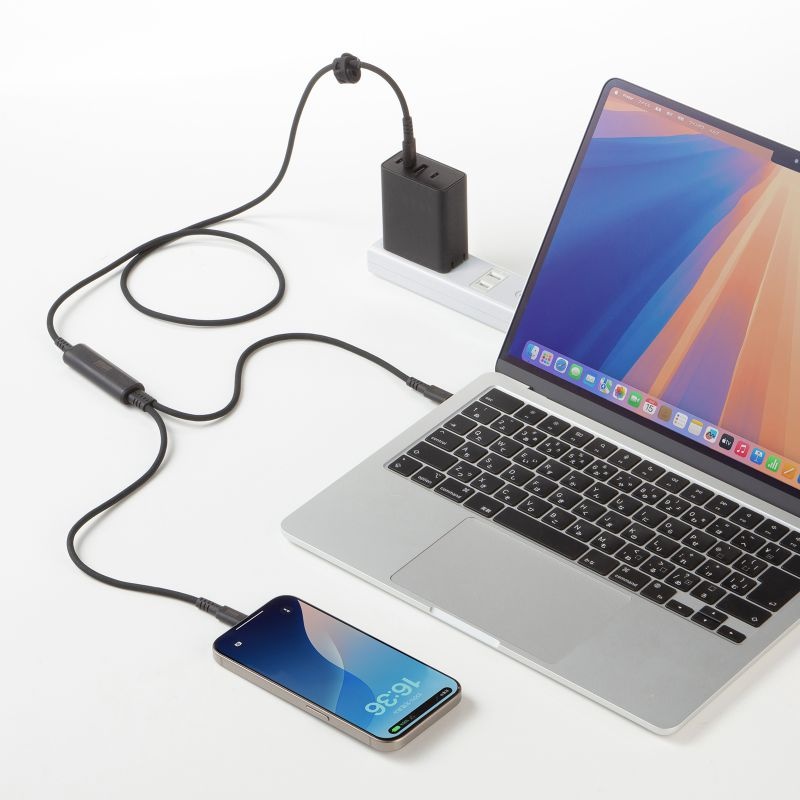 USB2.0Type-Cケーブル（2台同時充電＋通信・PD100W） 【KU-CCP100D12BK】