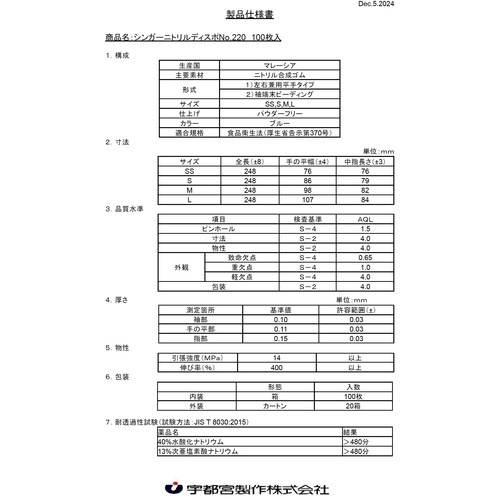 シンガー ニトリルディスポ NO.220ブルーパウダーフリー SS (100枚入)【220NBRSS】