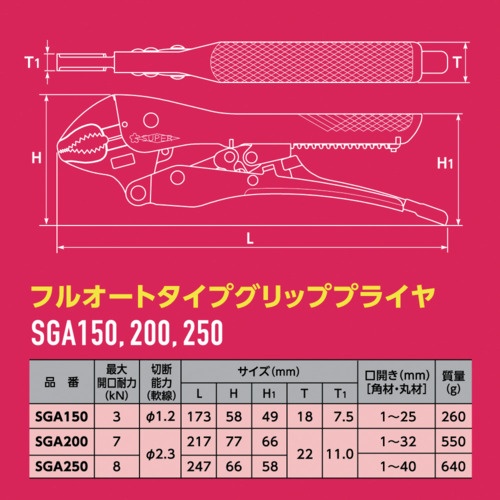 スーパー フルオートタイプグリッププライヤ 全長:217mm 口開き:(角・丸材)1～32【SGA200】
