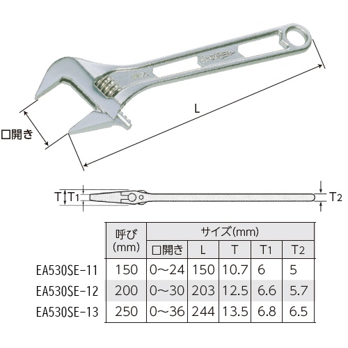 200mm/30mm モンキーレンチ(広口/軽量/薄型)【EA530SE-12】