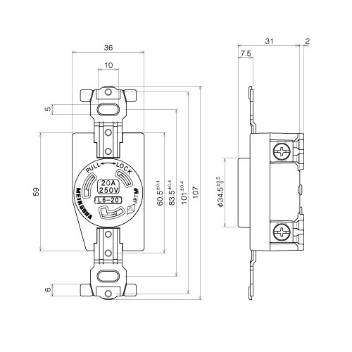250V/20A 埋込みコンセント(接地2P)【EA940CL-20A】