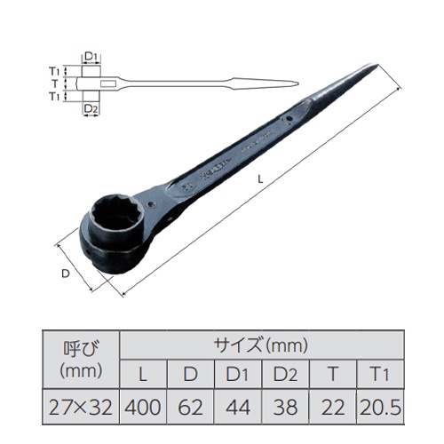 27x32mm/ 400mm 両口ラチェットレンチ(シノ付)【EA602AT-27】