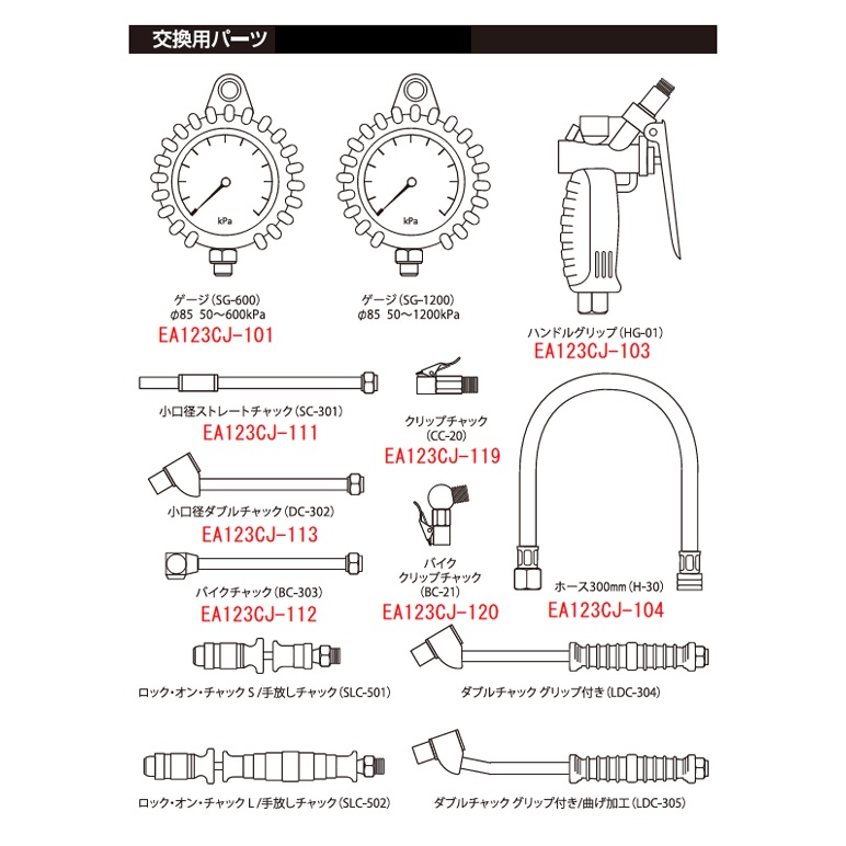 50-1200kpa タイヤチャック＆ゲージ(ダブルチャック)【EA123CJ-3】