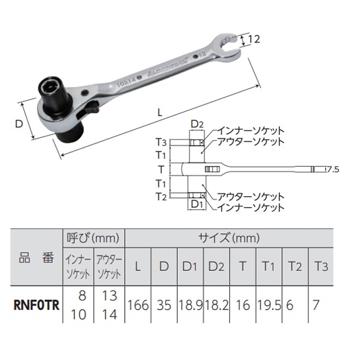 8x10mm/13x14mm/12mm 5サイズラチェットレンチ【EA602AS-1】