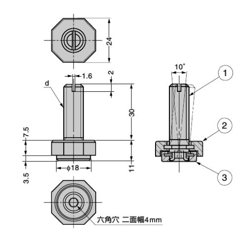 φ24mm/M 8x30/60kg アジャスターボルト(首振/八角)【EA949HA-9】