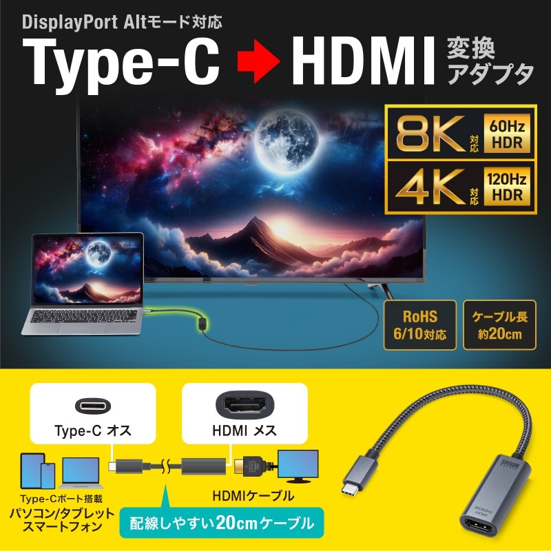USB Type C-HDMI変換アダプタ(8K/60Hz/HDR)【AD-ALC8KHDR】