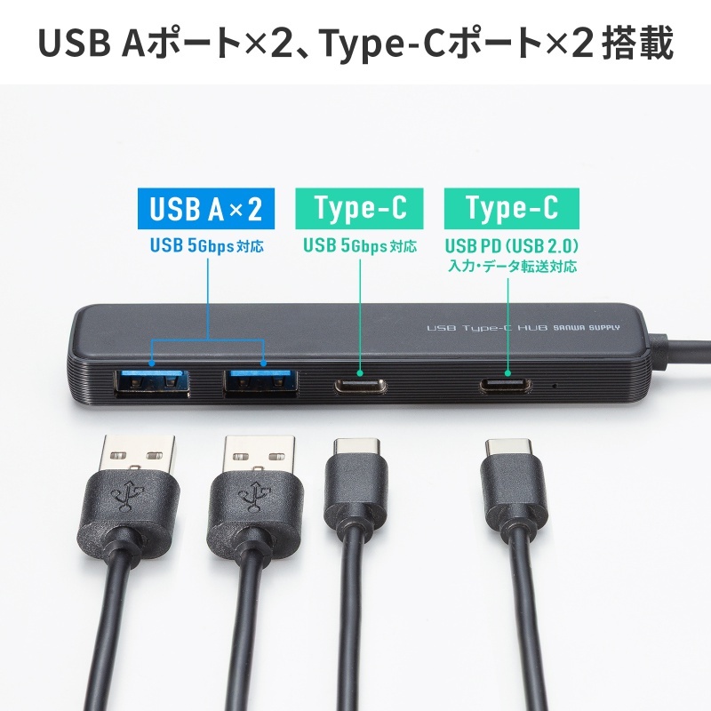 USB 5Gbps Type-C ハブ(4ポート、PD対応)【USB-5TCP36BK】