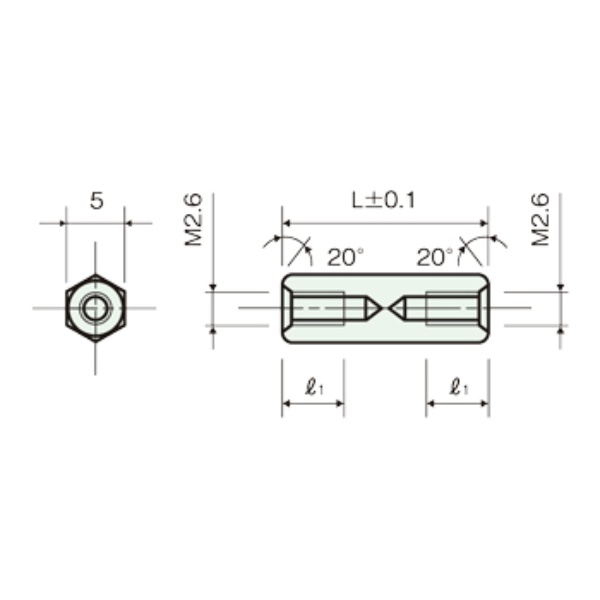 黄銅スペーサー(Ni)六角両メネジ M2.6 5mm【ASB-2605E】