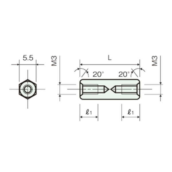黄銅スペーサー(Ni)六角両メネジ M3 20mm ASB-320E 廣杉計器製｜電子部品・半導体通販のマルツ