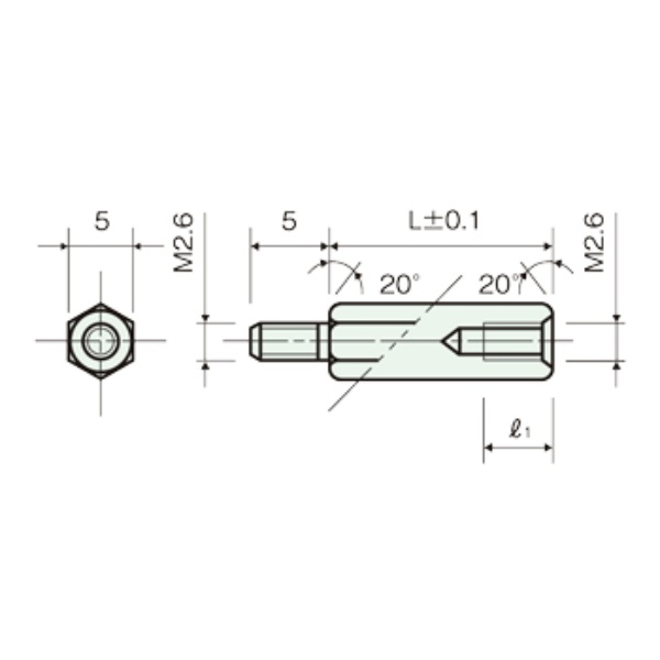 黄銅スペーサー(Ni)六角オネジメネジ M2.6 5mm【BSB-2605E】