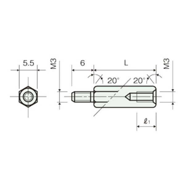 黄銅スペーサー(Ni)六角オネジメネジ M3 30mm【BSB-330E】