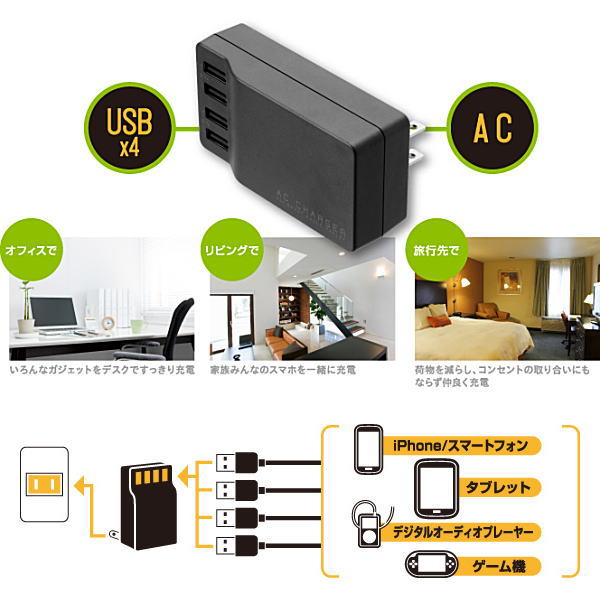 USB-ACアダプター 4ポート 2.1A【GH-AC-U4AK】