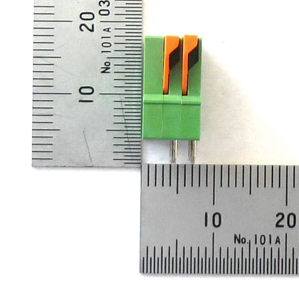 ターミナルブロック(2極、2.54mm、ワンタッチ式、緑、縦向き)【GB-TBW-25LG-2P】