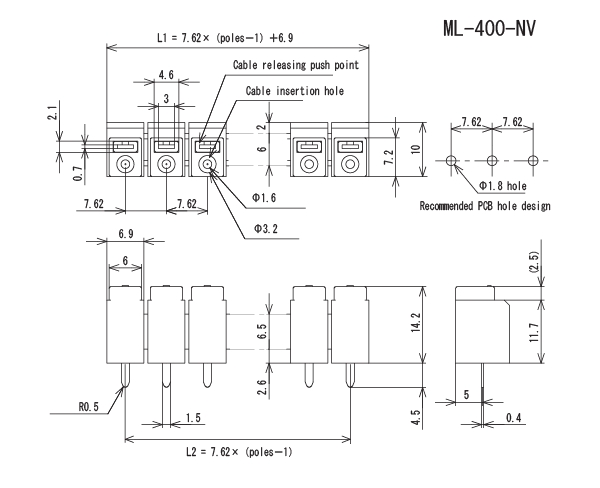 プリント基板用スクリューレス端子台 7.62mmピッチ 7A 250V 2極【ML-400-NV-2P】