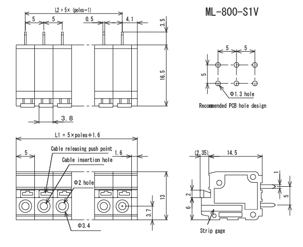プリント基板用スクリューレス端子台 5mmピッチ 10A 250V 3極【ML-800-S1V-3P】