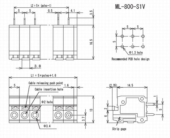 プリント基板用スクリューレス端子台 5mmピッチ 10A 250V 2極【ML-800-S1V-2P】