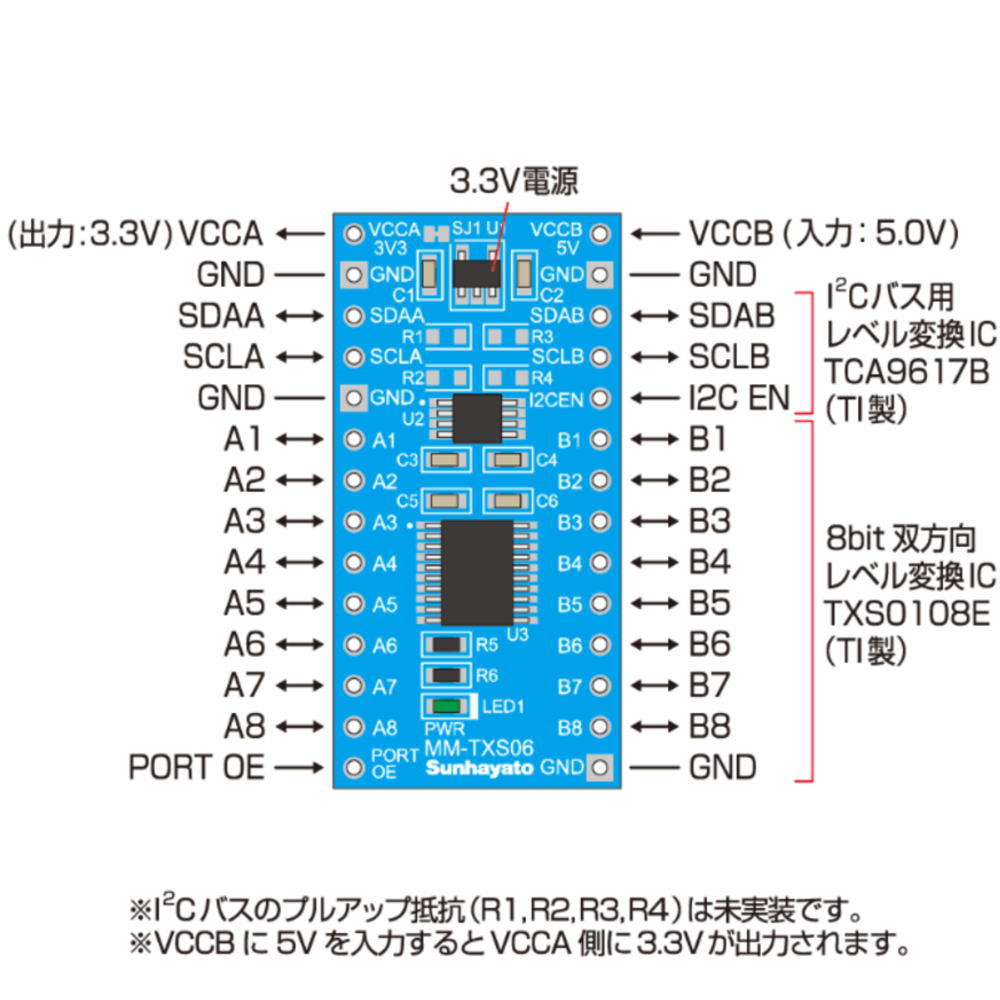 ロジックレベル変換モジュール(3.3V電源＋I2C＋双方向8ポート)【MM-TXS06】