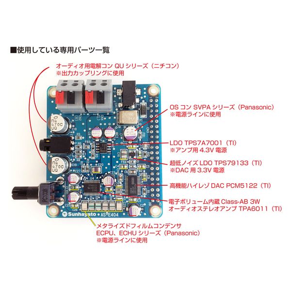 [拡張ボード]Raspberry Pi用ハイレゾオーディオDACボード【AS-E404】