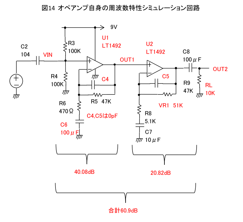 図14 オペアンプ自身の周波数特性シミュレーション回路